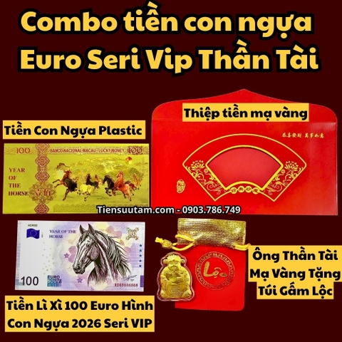 Combo Tiền Lì Xì 100 Euro Hình Con Ngựa 2026 Seri VIP + Thần Tài - SP008299