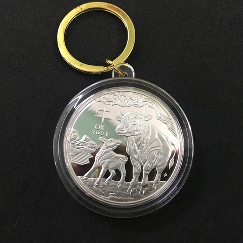 Móc Khóa Xu Úc Hình Con Trâu Bạc