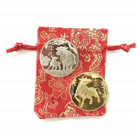 Cặp Xu Úc Hình Con Trâu Vàng Bạc Tặng Túi Gấm