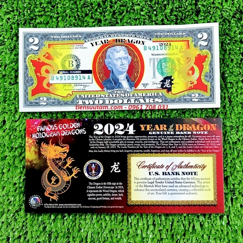 Tiền 2 USD Hình Con Rồng Mạ Vàng 2024