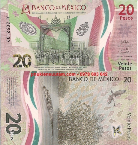 Mexico 20 Pesos 2021 UNC Polymer Kỷ Niệm 200 Năm Độc Lập Của Mexico