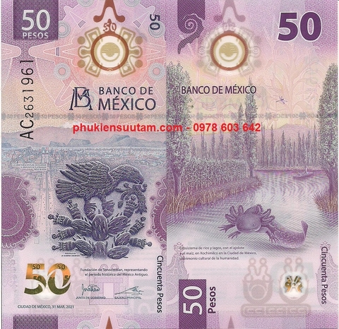 Mexico 50 Pesos 2021 UNC Polymer Kỷ Niệm Độc Lập