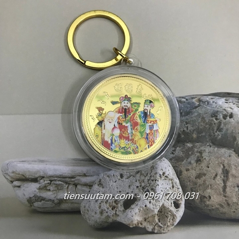 Móc Khoá Xu Lưu Niệm Phúc Lộc Thọ Mạ Vàng In Màu