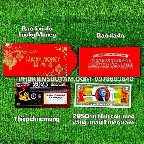 Tiền 2 USD Hình Con Mèo Mạ Vàng 2023 (Mẫu 1 Mèo Nằm)