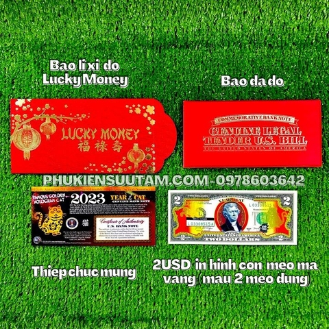 Tiền 2 USD Hình Con Mèo Mạ Vàng 2023 (Mẫu 2 Mèo Đứng)