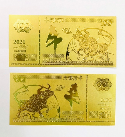 Tiền Lưu Niệm 100 Hình Con Trâu Mạ Vàng Plastic (Loại 2)