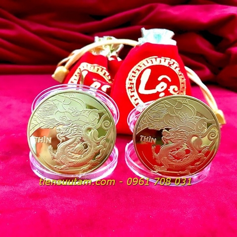 Xu Con Rồng Vàng 12 Con Giáp Tặng Túi Gấm Lộc