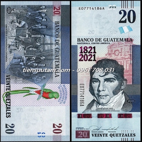Guatemala 20 Quetzales 2021 UNC Kỷ Niệm 200 Năm Độc Lập