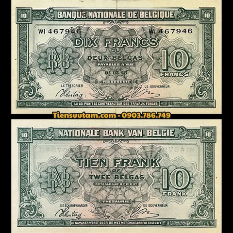 Belgium-Bỉ 10 Frances 1 Belga 1943 XF - SP008231