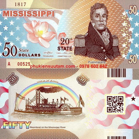 Fantacy USA - Mỹ 50 Dollars 2016 UNC Polyme Bang Thứ 20 Mississippi