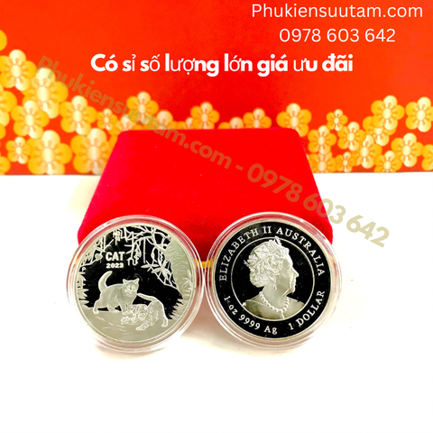 Xu Úc Hình Con Mèo Mạ Bạc tặng hộp nhung