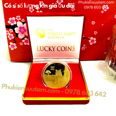 Xu Úc Hình Con Mèo Mạ Vàng tặng hộp nhung