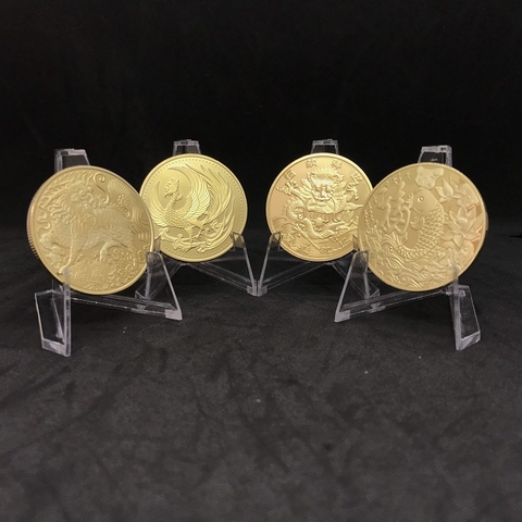 Combo 4 xu tứ linh Rồng Phụng Lân Cá Chép tặng túi gấm