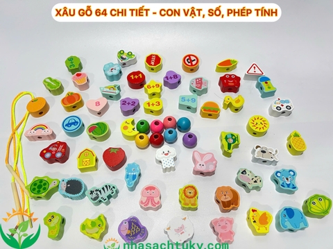 Xâu hạt gỗ 64 chi tiết (chủ đề con vật - trái cây)