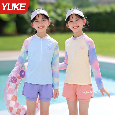 Bộ bơi bé gái hồng tím dài tay chống nắng UPF 50+, kháng Clo, quần 2 lớp Yuke