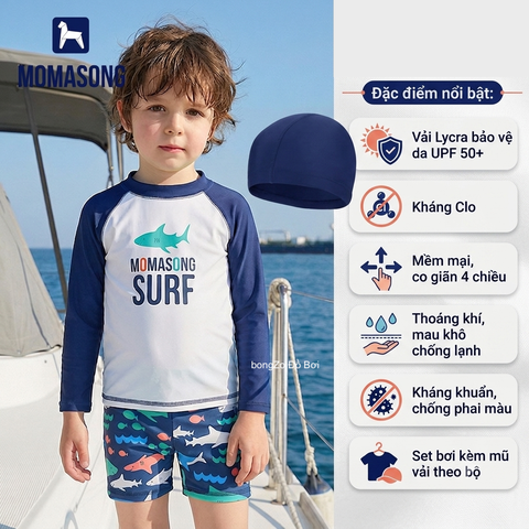 Bộ bơi bé trai chống nắng dài tay dáng rời màu trắng hình cá SURF vải Kháng Clo UPF50++ Momasong