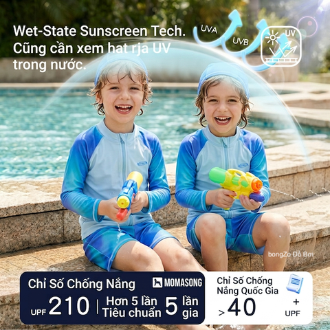 Bộ bơi trẻ em Chống Nắng UPF 50+ Kháng Clo dài tay dáng rời màu xanh Momasong(Korea)