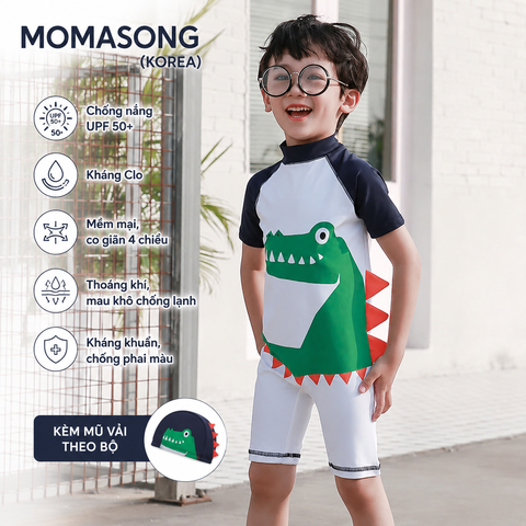Bộ bơi bé trai ngắn tay vải cao cấp Chống Nắng UPF 50+ co giãn thoáng khí màu trắng khủng long Momasong