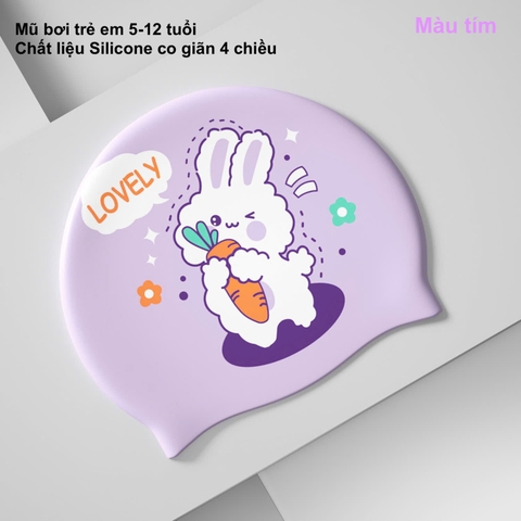 Mũ bơi chống nước trẻ em, chất liệu silicone cao cấp, co giãn,màu tím, hình thỏ