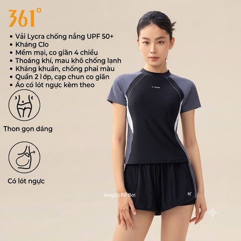 Bộ bơi nữ vải chống nắng UPF 50+ Kháng Clo ngắn tay dáng rời màu đen 361