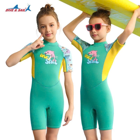 Bộ bơi giữ nhiệt trẻ em cộc tay liền thân xanh hình cá vải dày 2.5mm, Dive&Sail