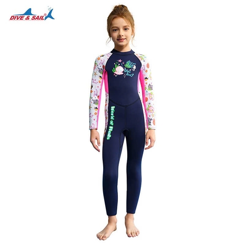 Bộ bơi Giữ Nhiệt bé gái dài tay dáng liền thân màu xanh than tay trắng chất vải 1.5mm Dive& Sail