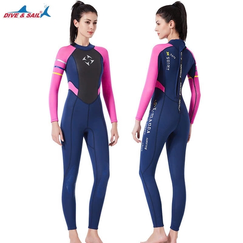 Bộ bơi Giữ Nhiệt nữ xanh than tay hồng dài tay dáng liền vải dày 3.0mm Dive Sail WS-19481