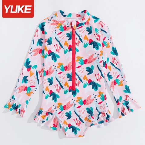 Bộ bơi bé gái dài tay liền hồng xanh lá YUKE