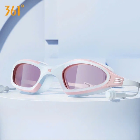 Kính bơi chống nước 361, màu hồng, liền nút tai, dây cài nút
