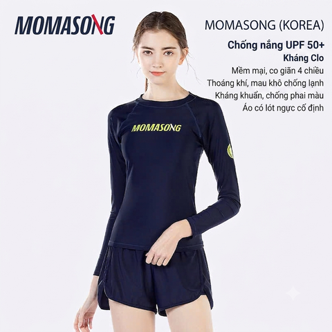 Bộ bơi cao cấp nữ dài tay Chống Nắng UPF50+ Kháng Clo co giãn xanh than Momasong(Korea)