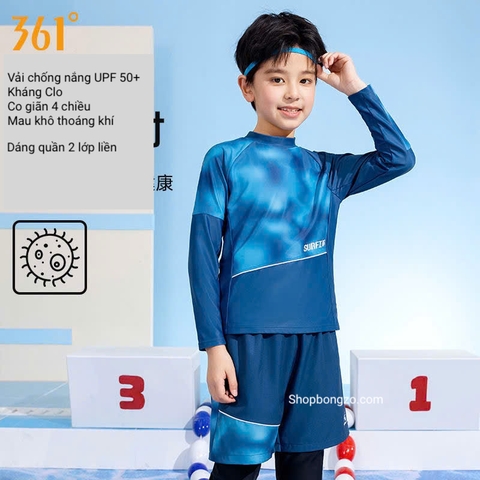 Bộ bơi bé trai dài tay chống nắng UPF 50+ kháng Clo dáng rời quần dài 2 lớp màu xanh 361