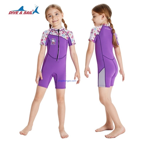 Bộ bơi giữ nhiệt bé gái cộc liền, tím dâu, vải dày 2.5mm, Dive&Sail