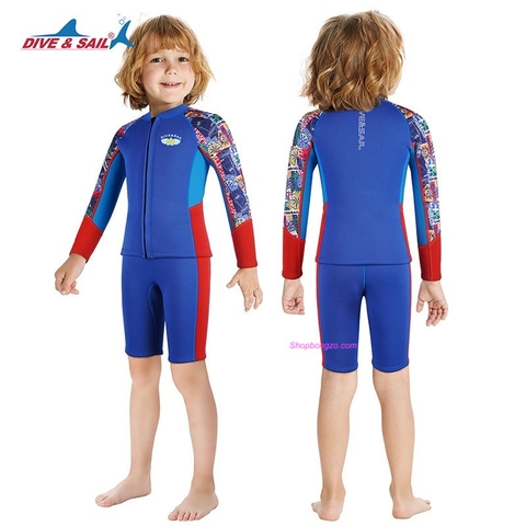 Bộ bơi giữ nhiệt rời bé trai, dài quần ngắn, màu xanh, vải dày 2.5mm, Dive & Sail