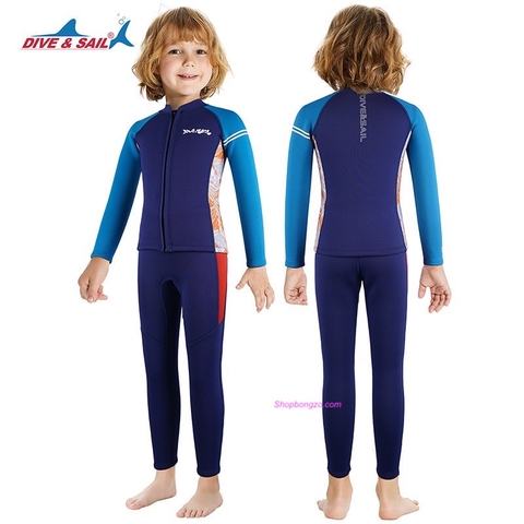 Bộ bơi giữ nhiệt dài rời bé trai, xanh than, vải dày 2.5mm, Dive & Sail