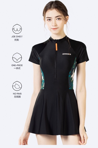 Bộ bơi nữ cộc tay liền chân váy, màu đen Momasong