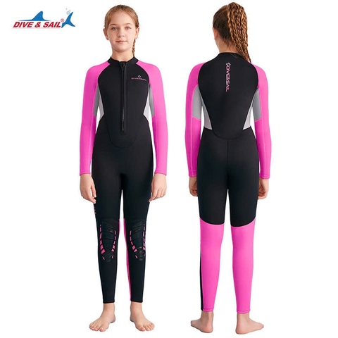 Bộ bơi giữ nhiệt bé gái dài, đen tay hồng, vải dày 2.5mm, Dive & Sail
