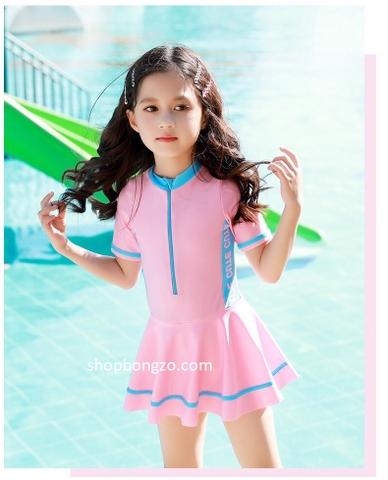 Bộ bơi cộc tay Hồng, liền chân váy