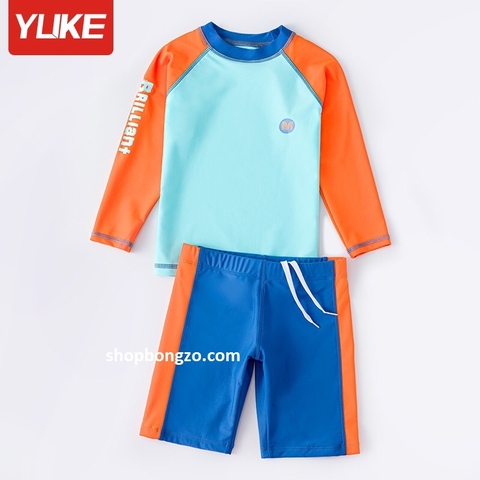 Bộ bơi chống nắng dài xanh, tay cam Yuke