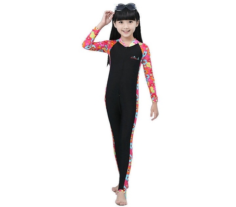Bộ bơi bé gái chống nắng, dài tay, dáng liền, màu đen hồng, UPF 50+, kháng Clo, Blue Ocean