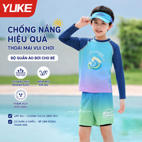 Bộ bơi bé trai dài tay rời quần ngắn 2 lớp chống nắng UPF 50+ màu xanh hình sóng YUKE