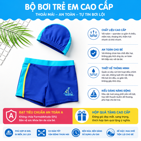 Quần Bơi Bé Trai YLIKE Cao Cấp Kèm Mũ Bơi – Co Giãn 4 Chiều, Thoáng Khí, Nhanh Khô