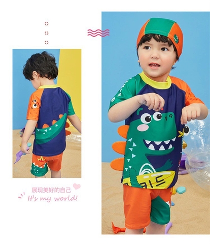 Bộ bơi bé trai cộc rơi, màu than cam xanh, khủng long, 2251