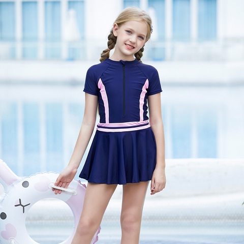 Bộ bơi bé gái cộc xanh than, liền chân váy