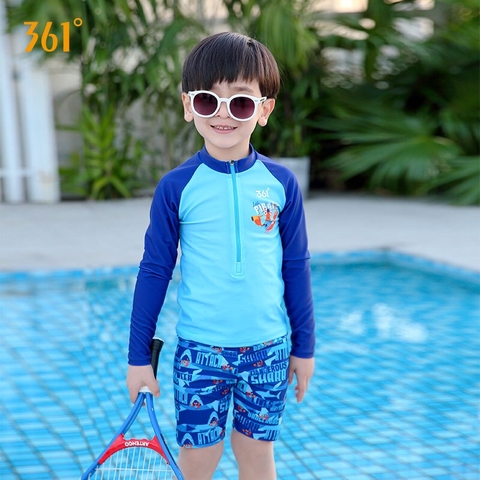Bộ bơi bé trai dài rời, xanh hình cua cam, quần cộc 361-SLY195040