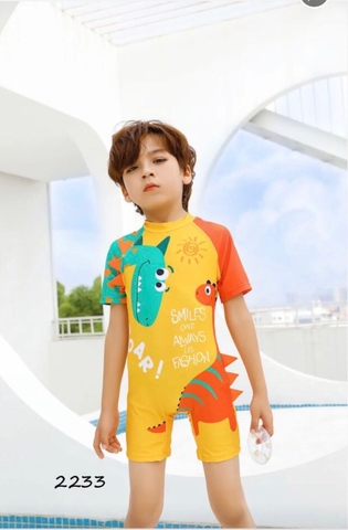 Bộ bơi bé trai cộc liền màu cam, hình khủng long