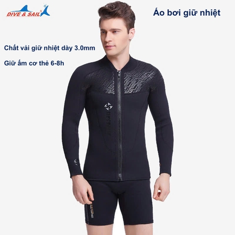 Áo bơi giữ nhiệt dài tay, kéo khoá, màu đen, vải dày 3.0mm Dive & Sail