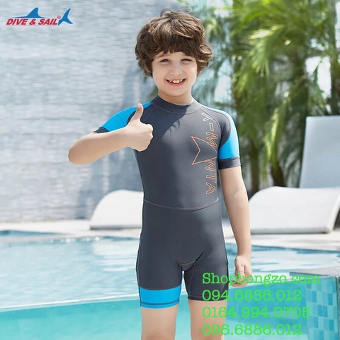 Bộ bơi chống nắng cộc tay màu xám, tay xanh Dive & Sail