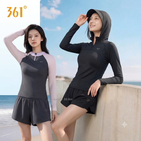 Bộ bơi nữ chống nắng dáng dài tay, quần rời 2 lớp, kèm mũ, vải UPF50+ Kháng Clo 361