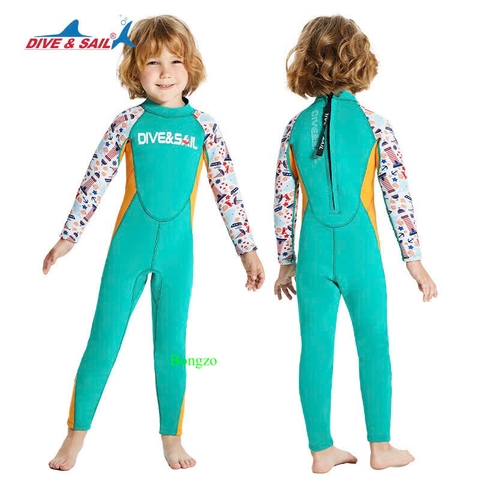 Bộ bơi giữ nhiệt cho bé, dài tay, màu xanh, vải dày 2.5mm, Dive & Sail