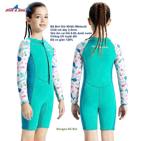Bộ bơi giữ nhiệt bé gái, dài tay, màu xanh tay trắng, vải dày 2.5mm, Dive & Sail